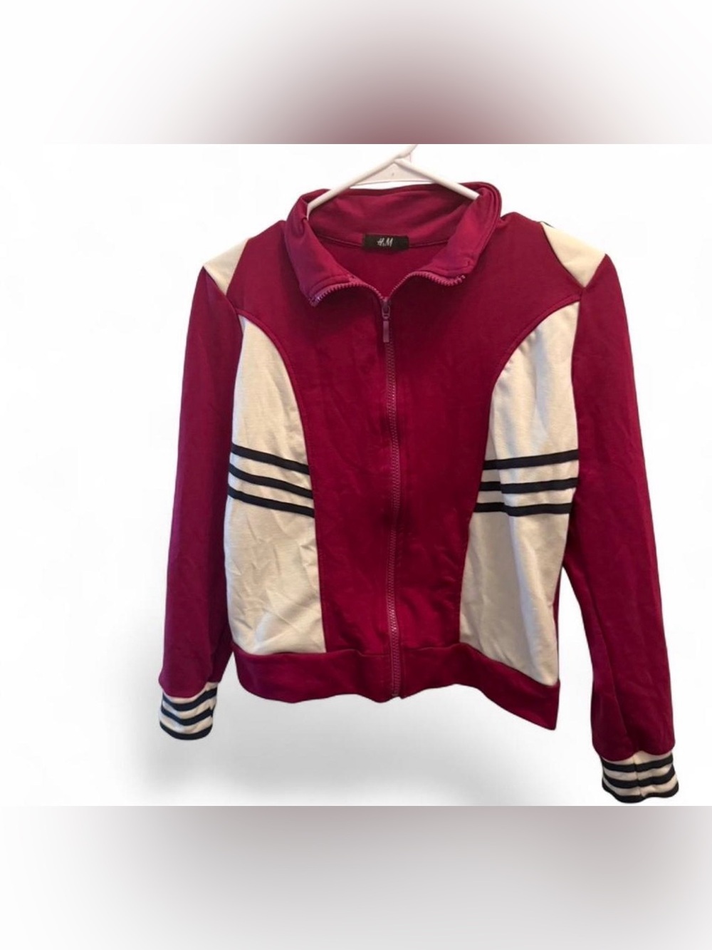 H&M Women's Burgundy and Cream Track Jacket size small